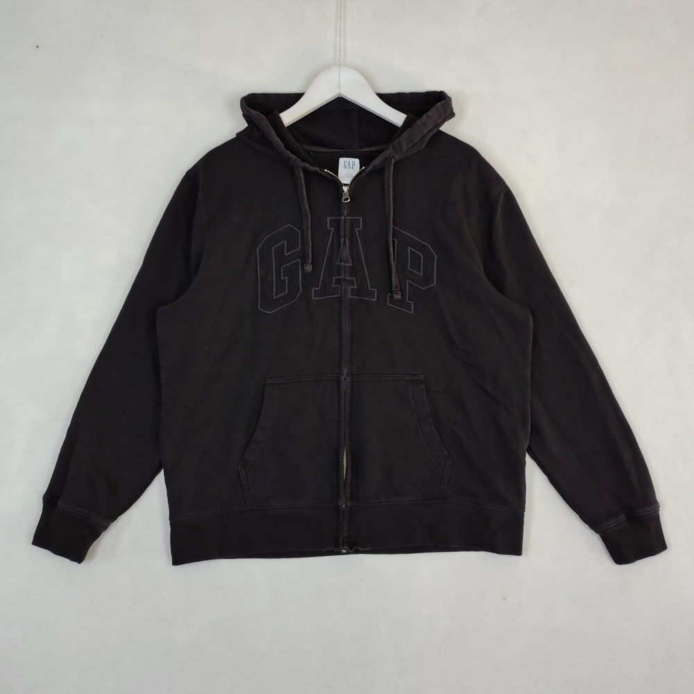 Gap Mens Full Zip Hoodie Black Embroidered Arch Logo Fleece Sweatshirt Large
